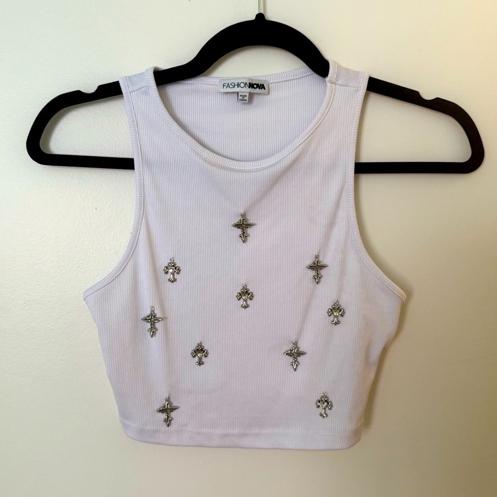Chrome Cross Charm Tank Top in White | Edgy embellished crop tank top